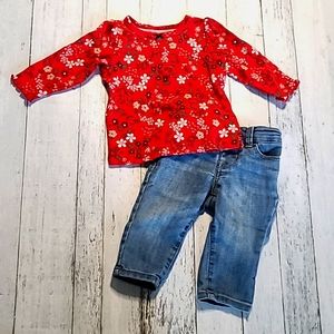 Red Floral Long Sleeve Shirt with Blue Jeans